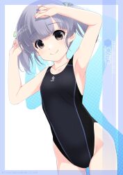 Rule 34 | 1girl, artist name, black one-piece swimsuit, blunt bangs, breasts, brown eyes, character name, competition swimsuit, cowboy shot, grey hair, hand on own head, highres, inaba shiki, kantai collection, logo, looking at viewer, one-piece swimsuit, ooshio (kancolle), short hair, small breasts, solo, swimsuit, twintails, two-tone swimsuit