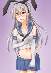 Rule 34 | 1girl, anti (untea9), black hairband, black panties, blue sailor collar, blue skirt, breasts, brown eyes, cleavage, commentary request, cosplay, crop top, elbow gloves, embarrassed, facial scar, gangut (kancolle), gloves, gradient background, grey hair, hairband, highleg, highleg panties, highres, kantai collection, long hair, looking at viewer, medium breasts, microskirt, midriff, miniskirt, navel, panties, pleated skirt, purple background, sailor collar, scar, scar on cheek, scar on face, shimakaze (kancolle), shimakaze (kancolle) (cosplay), skirt, solo, striped clothes, striped thighhighs, thighhighs, underwear, white gloves