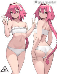Rule 34 | 1boy, :/, artist logo, ass, astolfo (fate), back, bandeau, bare shoulders, bikini, braid, breasts, bulge, closed mouth, collarbone, commentary, cowboy shot, donburi (donburikazoku), double v, expressionless, fang, fate/apocrypha, fate (series), feet out of frame, frilled bandeau, from behind, groin, hair between eyes, hair intakes, hand on own ass, highres, linea alba, long hair, looking at viewer, looking back, male focus, multicolored hair, multiple views, navel, patreon username, pink eyes, pink hair, simple background, skin fang, small breasts, smile, standing, stomach, strapless, strapless bikini, streaked hair, swimsuit, trap, v, very long hair, w arms, white background, white bandeau, white bikini, white hair