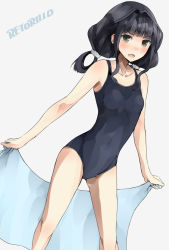 Rule 34 | 10s, 1girl, adagaki aki, bad id, bad pixiv id, black eyes, black hair, black one-piece swimsuit, from side, grey background, hair intakes, hair rings, highres, legs apart, long hair, masamune-kun no revenge, narrow waist, one-piece swimsuit, retorillo, school swimsuit, simple background, solo, standing, swimsuit, towel, twintails, v-shaped eyebrows