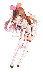 Rule 34 | 1girl, :d, brown hair, buttons, detached sleeves, dorok, full body, gloves, green eyes, hairband, hand up, highres, kizuna ai, kizuna ai inc., lace, lace-trimmed gloves, lace-trimmed legwear, lace trim, legs apart, long sleeves, looking at viewer, multicolored hair, open mouth, pink hair, pink hairband, ribbon, sailor collar, shorts, simple background, single vertical stripe, sleeves past wrists, smile, solo, streaked hair, striped ribbon, teeth, thigh gap, thighhighs, twitter username, two-tone hair, v, virtual youtuber, white background, white sailor collar, white shorts, white thighhighs, zettai ryouiki