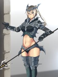 Rule 34 | 1girl, armor, blue eyes, couter, earrings, elf, grey hair, hayabusa (vert 320), jewelry, legs together, long hair, original, pointy ears, polearm, solo, spear, thighhighs, weapon