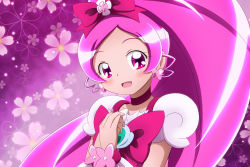 Rule 34 | 10s, 1girl, absurdres, blush, cherry blossoms, choker, cure blossom, dress, earrings, eyelashes, hair ornament, hair ribbon, hanasaki tsubomi, happy, heartcatch precure!, highres, jewelry, kiyu (doremi&#039;s party), long hair, looking at viewer, magical girl, open mouth, pink background, pink dress, pink eyes, pink hair, pink theme, ponytail, precure, puffy sleeves, ribbon, smile, solo, wrist cuffs