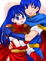 Rule 34 | 1boy, 1girl, 74, armor, armored dress, blue eyes, blue gloves, blue hair, blush, caeda (fire emblem), cape, closed eyes, dress, fingerless gloves, fire emblem, fire emblem: mystery of the emblem, full-face blush, gloves, hetero, hug, long hair, marth (fire emblem), nintendo, open mouth, red dress, red gloves, simple background, smile, snowflakes, sweatdrop