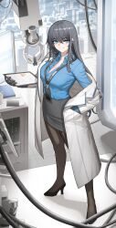Rule 34 | 1girl, absurdres, black footwear, black gloves, black hair, black pantyhose, black skirt, blue eyes, blue shirt, breasts, cable, cheogtanbyeong, cityscape, earpiece, eyebrows hidden by hair, female professor (neural cloud), full body, girls&#039; frontline, girls&#039; frontline neural cloud, gloves, hair between eyes, high heels, highres, lab coat, large breasts, long hair, looking at viewer, pantyhose, parted lips, pencil skirt, professor (neural cloud), shirt, single off shoulder, skirt, smile, unbuttoned, unbuttoned shirt