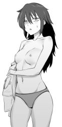 1girl bags_under_eyes blush cowboy_shot greyscale hair_between_eyes holding holding_unworn_clothes kuroki_tomoko long_hair monochrome nipples open_mouth orikuchi_hirata panties solo sweatdrop underwear underwear_only watashi_ga_motenai_no_wa_dou_kangaetemo_omaera_ga_warui! white_background