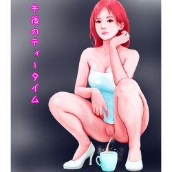 Rule 34 | 1girl, breasts, brown eyes, censored, cleavage, cup, highres, long hair, looking at viewer, mosaic censoring, no panties, pee, peeing, peeing in cup, pussy, red hair, squatting, steam, translated