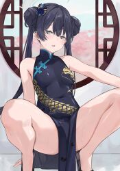 Rule 34 | 1girl, arm support, bare arms, bare legs, bare shoulders, black dress, black footwear, black hair, blue archive, blush, breasts, butterfly hair ornament, china dress, chinese clothes, dema hmw, double bun, dragon print, dress, grey eyes, hair bun, hair ornament, halo, highres, kisaki (blue archive), legs, long hair, looking at viewer, open mouth, pelvic curtain, print dress, sleeveless, sleeveless dress, small breasts, solo, squatting, sweat, thighs, twintails, wet