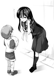 Rule 34 | 1boy, 1girl, ai takurou, akagi (kancolle), alternate costume, black serafuku, child, eye contact, full body, greyscale, height difference, kantai collection, leaning forward, loafers, long hair, long skirt, looking at another, monochrome, neckerchief, open mouth, pleated skirt, sailor collar, school uniform, serafuku, shoes, skirt, smile, standing, translated