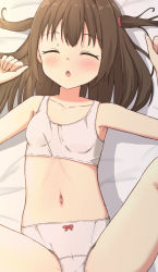 Rule 34 | 1girl, arm up, bare shoulders, blush, bow, bow panties, bra, breasts, brown hair, closed eyes, collarbone, commentary request, facing viewer, hand up, highres, long hair, lying, navel, on back, original, panties, parted lips, small breasts, solo, spread legs, takasuma hiro, training bra, two side up, underwear, underwear only, white bra, white panties