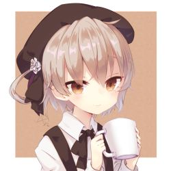 Rule 34 | 1girl, amagasa nadame, beret, black bow, black hat, blush, bow, brown background, brown eyes, brown hair, closed mouth, collared shirt, commentary request, cup, flower, hair between eyes, hair bow, hair rings, hands up, hat, hatoba tsugu, holding, holding cup, long sleeves, mole, mole under eye, mug, rose, shirt, signature, smile, solo, suspenders, tsugu (vtuber), two-tone background, upper body, virtual youtuber, white background, white flower, white rose, white shirt