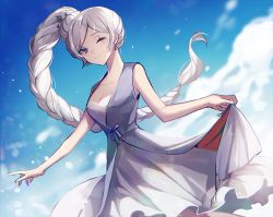 Rule 34 | 1girl, ;), blue eyes, blue sky, blurry, blurry background, braid, braided ponytail, breasts, cleavage, cowboy shot, day, dress, ecru, floating hair, grey ribbon, long hair, looking at viewer, medium breasts, one eye closed, parted bangs, rwby, scar, scar across eye, scar on face, side ponytail, signature, silver hair, sky, sleeveless, sleeveless dress, smile, solo, standing, very long hair, weiss schnee, white dress