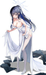 Rule 34 | 1girl, bare arms, bare shoulders, black hair, blue archive, blue hair, bow, breasts, caba (caba091), choker, cleavage, clothes lift, dress, dress lift, frown, full body, grey eyes, hair bow, halo, high heels, highres, large breasts, leaning forward, lifted by self, long dress, long hair, looking at viewer, multicolored hair, open mouth, ponytail, saori (blue archive), saori (dress) (blue archive), shadow, side slit, solo, standing, strapless, strapless dress, thighhighs, two-tone hair, v-shaped eyebrows, very long hair, white choker, white dress, white footwear, white thighhighs