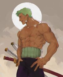 Rule 34 | 1boy, abs, absurdres, bandaid, bandaid on face, black eyes, circle, earrings, enri (ceinordraws), from side, green hair, grey background, hands on own hips, haramaki, highres, jewelry, licking lips, looking ahead, male focus, multiple swords, muscular, nipples, one piece, pants, pectorals, purple pants, roronoa zoro, scar, scar on chest, short hair, single earring, smile, solo, standing, sword, tan, thick arms, tongue, tongue out, topless, topless male, veins, veiny arms, weapon