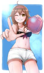 Rule 34 | &gt; o, 10s, 1girl, adapted costume, ball, bare arms, bare shoulders, beachball, belly, bikini, black bikini, breasts, brown eyes, brown hair, eyebrows, grin, hairband, holding, holding ball, kantai collection, looking at viewer, medium breasts, navel, neckerchief, one eye closed, open mouth, red hairband, shiratsuyu (kancolle), short hair, side-tie bikini bottom, small breasts, smile, solo, swimsuit, teeth, tiemu (man190)
