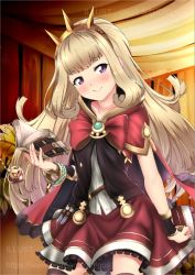 Rule 34 | 10s, 1girl, black thighhighs, blonde hair, blush, book, cagliostro (granblue fantasy), cape, go-it, granblue fantasy, hairband, long hair, looking at viewer, purple eyes, skirt, smile, solo, thighhighs, watermark