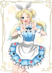 1girl ;d absurdres alice_(alice_in_wonderland) alice_(alice_in_wonderland)_(cosplay) alice_in_wonderland animal_ear_hairband animal_ears apron black_ribbon blonde_hair blue_dress blue_eyes blue_hair blush commentary cosplay dress fake_animal_ears fang feet_out_of_frame frilled_dress frills gradient_hair hair_ornament hairband heart heart_hands highres link!_like!_love_live! long_hair looking_at_viewer love_live! medium_dress multicolored_hair neck_ribbon one_eye_closed open_mouth osawa_rurino parted_bangs puffy_short_sleeves puffy_sleeves rabbit_ear_hairband rabbit_ears rabbit_hair_ornament ribbon short_sleeves smile solo standing symbol-only_commentary toniko_(ncmk_yua) twintails virtual_youtuber waist_apron white_apron white_hairband