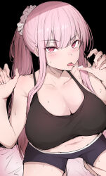 Rule 34 | 1girl, absurdres, bare shoulders, black background, black shorts, black tank top, blush, breasts, cleavage, collarbone, commentary, from above, hair ornament, hair scrunchie, hands up, highres, hololive, hololive english, huge breasts, long hair, looking at viewer, mori calliope, navel, pink eyes, pink hair, plump, ponytail, sak1 01, scrunchie, shorts, solo, squatting, stomach, sweat, tank top, thighs, tongue, tongue out, v-shaped eyebrows, virtual youtuber, white scrunchie