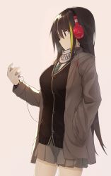 Rule 34 | 1girl, black hair, blonde hair, breasts, brown background, brown jacket, cable, cardigan, cellphone, closed mouth, cowboy shot, expressionless, from side, girls&#039; frontline, glint, green necktie, grey skirt, hand in pocket, headphones, highres, jacket, kerchief, long hair, long sleeves, looking at phone, m4a1 (girls&#039; frontline), mag (mag42), medium breasts, miniskirt, multicolored hair, necktie, open clothes, open jacket, phone, pleated skirt, profile, red eyes, school uniform, simple background, skirt, smartphone, solo, standing, streaked hair, striped necktie, striped neckwear, tareme, very long hair