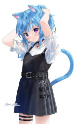 Rule 34 | 1girl, animal ears, arms behind head, arms up, belt, belt buckle, black belt, black dress, blue hair, blush, buckle, cat ears, cat girl, cat tail, closed mouth, commentary request, dress, heart o-ring, original, pleated dress, ponytail, puffy short sleeves, puffy sleeves, purple eyes, shirt, short sleeves, simple background, sleeveless, sleeveless dress, solo, standing, tail, thigh strap, twitter username, tying hair, white background, white shirt, yumoran