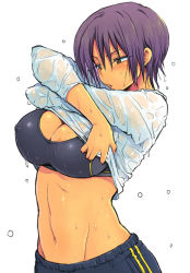 Rule 34 | 1girl, breasts, brown eyes, character request, cleavage, clothes lift, covered erect nipples, duplicate, eroe, large breasts, midriff, navel, original, purple hair, see-through, shirt, shirt lift, short hair, simple background, solo, sports bra, sweat, tan, undressing, wet, wet clothes, wet shirt, white background