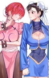Rule 34 | 2girls, adapted costume, bracelet, breasts, bun cover, capcom, chinese clothes, chun-li, cleavage cutout, clothing cutout, cosplay, costume switch, covered navel, crossover, dan koflove, double bun, hair bun, hair over eyes, highres, jewelry, large breasts, looking at another, multiple girls, pantyhose, red hair, shermie (kof), simple background, single hair bun, smile, spiked bracelet, spikes, standing, street fighter, sweatdrop, the king of fighters