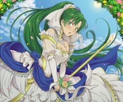 Rule 34 | 1girl, arch, blush, bouquet, breasts, bridal veil, bride, dress, earrings, fire emblem, fire emblem: the blazing blade, fire emblem heroes, floral arch, flower, gloves, green eyes, green hair, high ponytail, hiyori (rindou66), jewelry, long hair, lyn (bridal) (fire emblem), lyn (fire emblem), medium breasts, nintendo, official alternate costume, ponytail, solo, veil, very long hair, weapon, wedding, wedding dress