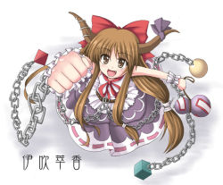 Rule 34 | 1girl, bow, brown eyes, brown hair, chain, clenched hand, fang, female focus, from above, gourd, hair bow, horns, ibuki suika, iseki mitsuharu, long hair, looking at viewer, open mouth, red bow, red ribbon, ribbon, simple background, skirt, sleeveless, smile, solo, touhou, white background, wrist cuffs
