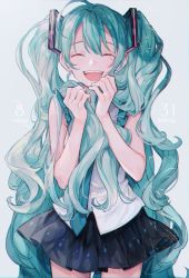 Rule 34 | 1girl, :d, ^ ^, aqua theme, bare arms, bare shoulders, black skirt, blue hair, blue nails, closed eyes, commentary request, cowboy shot, crying, curly hair, dated, fingernails, frilled sleeves, frills, hair between eyes, happy, happy birthday, hatsune miku, highres, long hair, makoto (roketto-massyumaro), nail polish, open mouth, shaded face, shirt, simple background, skirt, sleeveless, sleeveless shirt, smile, solo, standing, tears, teeth, thighs, tongue, twintails, upper teeth only, very long hair, vocaloid, white background, white shirt