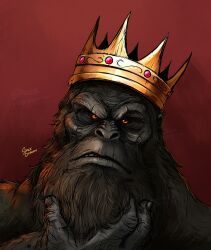 Rule 34 | absurdres, ape, artist name, beard, close-up, crossover, crown, facial hair, facial scar, godzilla (series), godzilla vs. kong, gold, gorilla, highres, jewelry, kaijuu, king kong, king kong (series), legendary pictures, looking at viewer, monster, monsterverse, no humans, orange eyes, red background, scar, scar across eye, scar on cheek, scar on face, scar on mouth, simple background, spacedragon14, toho