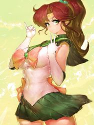 Rule 34 | 1girl, arms up, bishoujo senshi sailor moon, blush, bow, breasts, brown hair, choker, covered erect nipples, covered navel, earrings, flower earrings, fumio (rsqkr), green background, green choker, green eyes, green sailor collar, green skirt, hair bobbles, hair ornament, highres, jewelry, kino makoto, large breasts, leotard, long hair, looking at viewer, magical girl, miniskirt, navel, pink bow, pinky out, pleated skirt, ponytail, sailor collar, sailor jupiter, sailor senshi uniform, see-through, skirt, sky, smile, solo, standing, traditional media, very long hair, water, white leotard