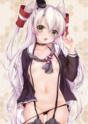 Rule 34 | 1girl, absurdres, amatsukaze (kancolle), black panties, blush, breasts, brown eyes, choker, fang, garter straps, hair between eyes, hair ornament, hat, highres, kantai collection, lifebuoy, long hair, mini hat, navel, obiwan, open mouth, panties, silver hair, small breasts, solo, swim ring, two side up, underwear, very long hair