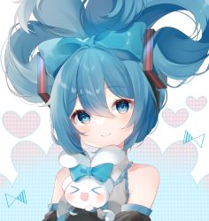 Rule 34 | &gt; &lt;, 1girl, :d, black sleeves, blue bow, blue eyes, blue hair, blush, bow, cinnamiku, cinnamoroll, closed eyes, closed mouth, collared shirt, commentary, cosplay, detached sleeves, ear bow, frilled shirt, frilled shirt collar, frills, grey shirt, hair between eyes, hair bow, hatsune miku, hatsune miku (cosplay), heart, heart background, highres, looking at viewer, open mouth, polka dot, sanrio, shirt, sleeveless, sleeveless shirt, smile, updo, upper body, vocaloid, white background, xd, yuni (irohasuiroiro)