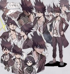Rule 34 | 2boys, :d, aoki (fumomo), brown hair, checkered clothes, checkered neckwear, checkered scarf, chibi, clenched hand, collarbone, commentary request, danganronpa (series), danganronpa v3: killing harmony, expressions, facial hair, frown, full body, goatee, grey background, hair between eyes, hand on own hip, hand up, hands on own hips, jacket, long hair, long sleeves, looking at viewer, male focus, momota kaito, multiple boys, open mouth, oma kokichi, pants, print shirt, scarf, school uniform, shaded face, shirt, short hair, simple background, smile, solo focus, spiked hair, standing, sweat, translation request, trembling, upper body, white shirt
