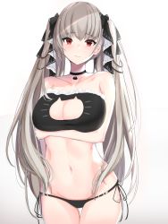 Rule 34 | 1girl, azur lane, bare shoulders, black bra, black panties, bow, bra, breast hold, breasts, cat cutout, cat lingerie, choker, cleavage, cleavage cutout, closed mouth, clothing cutout, collarbone, commentary request, cowboy shot, formidable (azur lane), frills, grey hair, groin, hair bow, highres, large breasts, long hair, looking at viewer, meme attire, navel, nephthys2356, panties, red eyes, side-tie panties, solo, stomach, thigh gap, twintails, underwear, underwear only, very long hair
