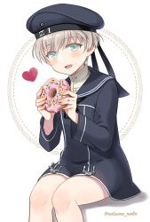 Rule 34 | 1girl, black dress, black headwear, black sailor collar, blue eyes, blush, clothes writing, doughnut, dress, feet out of frame, food, hair between eyes, heart, highres, holding, holding food, kantai collection, long sleeves, natsume (natsume melio), open mouth, sailor collar, sailor dress, short hair, silver hair, smile, solo, twitter username, white background, z1 leberecht maass (kancolle)