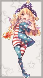Rule 34 | 1girl, american flag dress, american flag legwear, blonde hair, border, clownpiece, dress, framed, gradient background, hat, highres, jester cap, legacy of lunatic kingdom, long hair, looking at viewer, oimo (imoyoukan), one eye closed, open mouth, outside border, pantyhose, print dress, red eyes, short dress, smile, solo, standing, standing on one leg, star (symbol), striped clothes, striped dress, striped pantyhose, torch, touhou, v, very long hair
