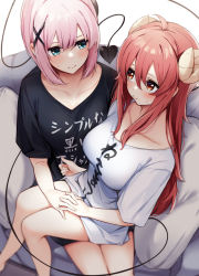 Rule 34 | 2girls, ahoge, aqua eyes, black shirt, borushichi, breasts, chiyoda momo, closed mouth, clothes writing, collarbone, commentary request, curled horns, demon girl, demon horns, demon tail, hair between eyes, hair ornament, highres, horns, interlocked fingers, large breasts, long hair, looking at another, machikado mazoku, medium breasts, multiple girls, pillow, pink hair, red eyes, red hair, shirt, short sleeves, simple background, sitting, t-shirt, tail, tail wrap, thighs, white background, white shirt, x hair ornament, yoshida yuuko (machikado mazoku), yuri