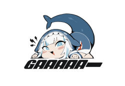 Rule 34 | 1girl, :3, :d, blue eyes, blue hoodie, blush stickers, bright pupils, cheek press, fins, fish tail, gawr gura, highres, hololive, hololive english, hood, hood up, hoodie, long sleeves, looking at viewer, open mouth, shark tail, sharp teeth, simple background, smile, solo, stitches, tail, teeth, top-down bottom-up, upper teeth only, virtual youtuber, waterkuma, white background, white pupils