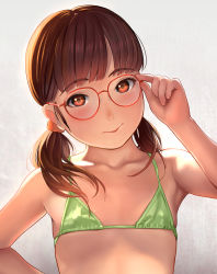 Rule 34 | 1girl, adjusting eyewear, bare arms, bare shoulders, bikini, blush, brown eyes, brown hair, closed mouth, commentary request, flat chest, glasses, green bikini, highres, jishimaru, looking at viewer, low twintails, original, paid reward available, simple background, skindentation, smile, solo, string bikini, swimsuit, twintails, upper body