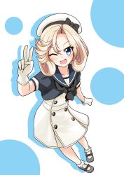 Rule 34 | 1girl, absurdres, black neckwear, black ribbon, black shirt, blonde hair, blue eyes, blue sailor collar, commentary request, dress, gloves, hat, highres, janus (kancolle), kantai collection, looking at viewer, mary janes, one eye closed, open mouth, pleated dress, polka dot, polka dot background, ribbon, sailor collar, sailor dress, sailor hat, shirt, shoes, short hair, short sleeves, solo, suke (share koube), v, white background, white dress, white gloves, white hat
