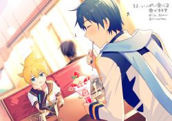 Rule 34 | 2boys, arm warmers, beamed sixteenth notes, black collar, blonde hair, blue eyes, blue hair, blue scarf, head rest, coat, collar, commentary, dutch angle, eating, eighth note, food, glass, half-closed eyes, holding, holding spoon, ice cream, indoors, kagamine len, kaito (vocaloid), looking at viewer, male focus, multiple boys, musical note, necktie, restaurant, sailor collar, scarf, school uniform, seat, shirt, short hair, short ponytail, short sleeves, sinaooo, spiked hair, spoon, sundae, table, vocaloid, white coat, white shirt, yellow neckwear