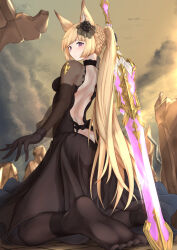 Rule 34 | 1girl, animal ear fluff, animal ears, ass cutout, back, backless dress, backless outfit, black dress, blonde hair, blush, breasts, butt crack, choker, clothing cutout, dress, feet, from behind, from below, gloves, granblue fantasy, hisei, legs, long hair, looking at viewer, looking back, medium breasts, no shoes, outdoors, purple eyes, sitting, soles, solo, sword, toes, weapon, yuisis (granblue fantasy)