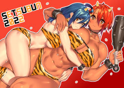 Rule 34 | 2022, 23 (real xxiii), 2girls, :3, abs, absurdres, ahoge, alternate eye color, alternate hair color, animal print, beans, blue hair, blush, bracelet, breasts, brown eyes, choker, cleavage, club, club (weapon), collarbone, commentary request, dark-skinned female, dark skin, dated, female focus, hair between eyes, highres, holding, holding weapon, horns, hug, huge breasts, jewelry, kanabou, long hair, looking at viewer, medium hair, multiple girls, muscular, muscular female, navel, oni, original, outline, red background, red hair, ring, sela (23), setsubun, short hair, simple background, smile, spiked bracelet, spikes, tiger print, underboob, ursula (23), weapon, wedding band, white outline, wife and wife, yuri