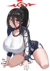 Rule 34 | 1girl, all fours, black choker, black hair, blue archive, blush, breasts, choker, closed mouth, collarbone, hair between eyes, halo, hasumi (blue archive), hasumi (track) (blue archive), highres, huge breasts, jacket, long hair, long sleeves, looking at viewer, ponytail, shirt, simple background, smile, solo, thighs, white background, white shirt, yua (argaoffroad)