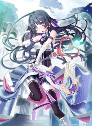 Rule 34 | 1girl, bare shoulders, black hair, black thighhighs, boots, breasts, cross-laced footwear, gloves, hair ribbon, knee boots, lace-up boots, long hair, looking at viewer, midriff, navel, open mouth, red eyes, ribbon, sakuya tsuitachi, skirt, smile, solo, tenka touitsu chronicle, thighhighs, wand, white footwear