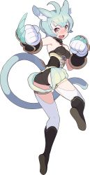 Rule 34 | 1girl, :3, ahoge, animal ear fluff, animal ears, aqua hair, aqua shorts, artist request, ass, bare shoulders, black footwear, black leotard, blush, bob cut, boots, breasts, cat ears, cat girl, cat tail, claw (weapon), clenched hands, clothing cutout, corset, crossed bangs, crotchless, fang, female focus, from behind, full body, gauntlets, gloves, halterneck, hands up, happy, highres, jumping, knee boots, leg up, leotard, looking back, mew (world flipper), non-web source, nose blush, official art, open mouth, puffy shorts, shiny clothes, short hair, short shorts, shorts, sidelocks, simple background, skindentation, small breasts, smile, solo, tail, tail through clothes, thighhighs, transparent background, twisted torso, weapon, white gloves, white thighhighs, world flipper, yellow eyes