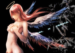 Rule 34 | 1girl, angel, angel wings, breast hold, breasts, completely nude, covering privates, covering breasts, female focus, groin, halo, hu dako, large breasts, long hair, navel, nude, original, red hair, solo, wings