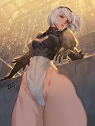 Rule 34 | 1girl, absurdres, breasts, cleavage, cleavage cutout, clothing cutout, feather-trimmed sleeves, from below, highleg, highleg leotard, highres, leotard, looking at viewer, nier (series), nier:automata, puffy sleeves, saejin oh, short hair, silver hair, smile, solo, thighs, 2b (nier:automata)