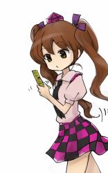 Rule 34 | 1girl, bow, brown eyes, brown hair, cellphone, checkered clothes, checkered skirt, hair bow, hat, himekaidou hatate, phone, skirt, solo, tokin hat, tona (nekotte), touhou, twintails, walking, white background